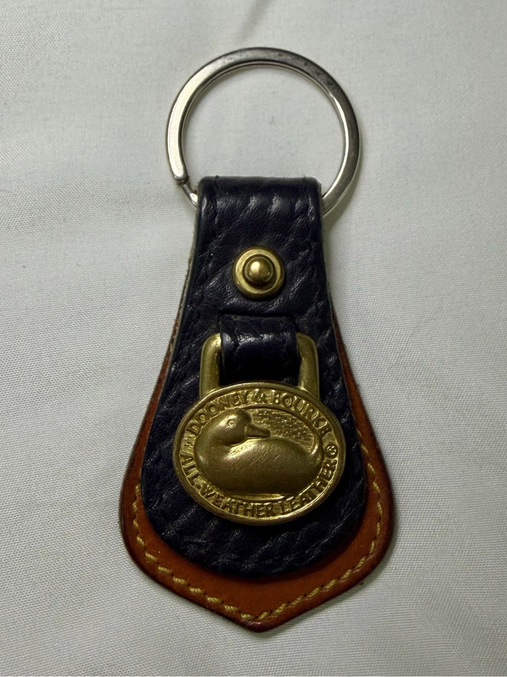 Vintage Dooney & Bourke Black & Brown Leather Brass Duck Medallion Keychain